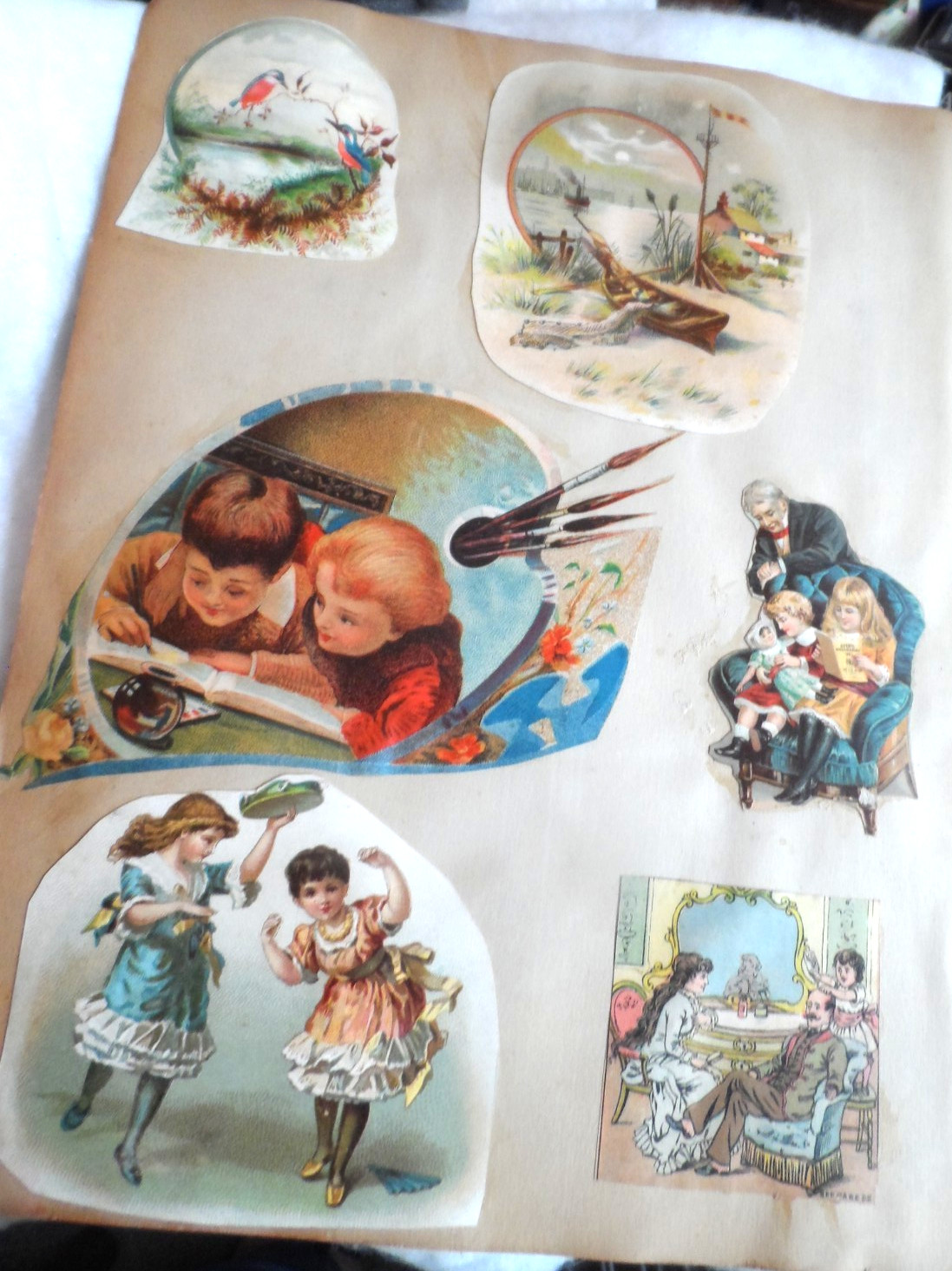1876 Antique Scrapbook Page-SCRAPS ON BOTH SIDES - COMIC, CHILDREN & MORE