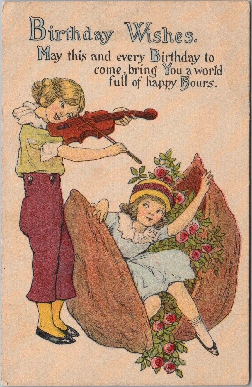 1910s HAPPY BIRTHDAY Greetings Postcard Girl Playing Violin / BS #S-283 Unused