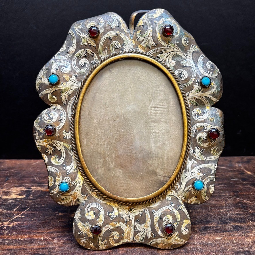Fabulous Antique Ornate Metal Gold Picture Frame Cabochon Easel Scrollwork