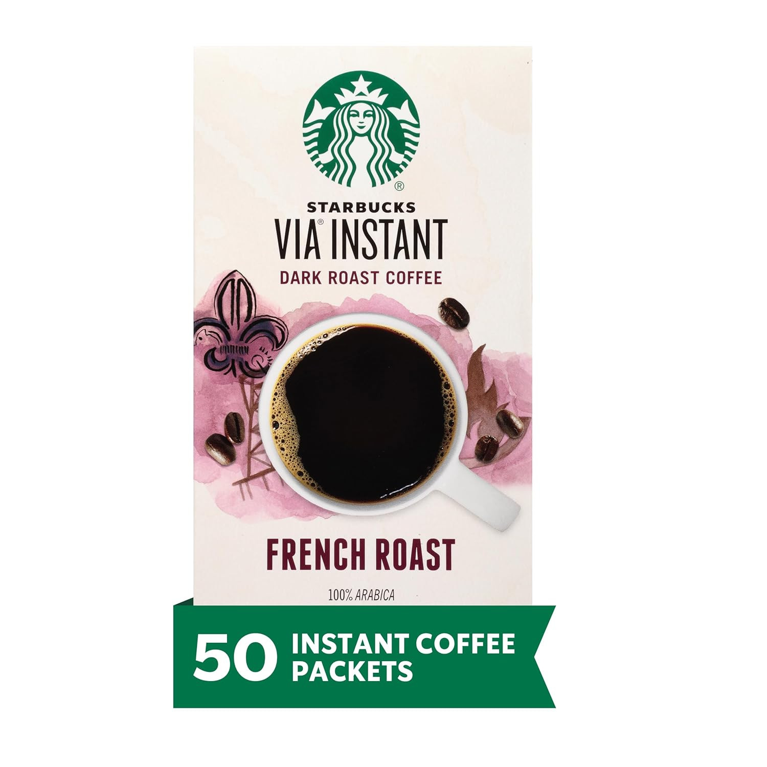 via Instant Coffee, Dark Roast Coffee, French Roast, 100% Arabica, 1 Box (50 Pac