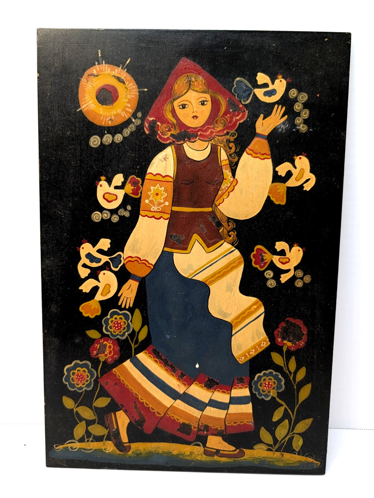 Vintage 1981 Soviet USSR Folk Art Wood Panel Spring Maiden Birds Belarus