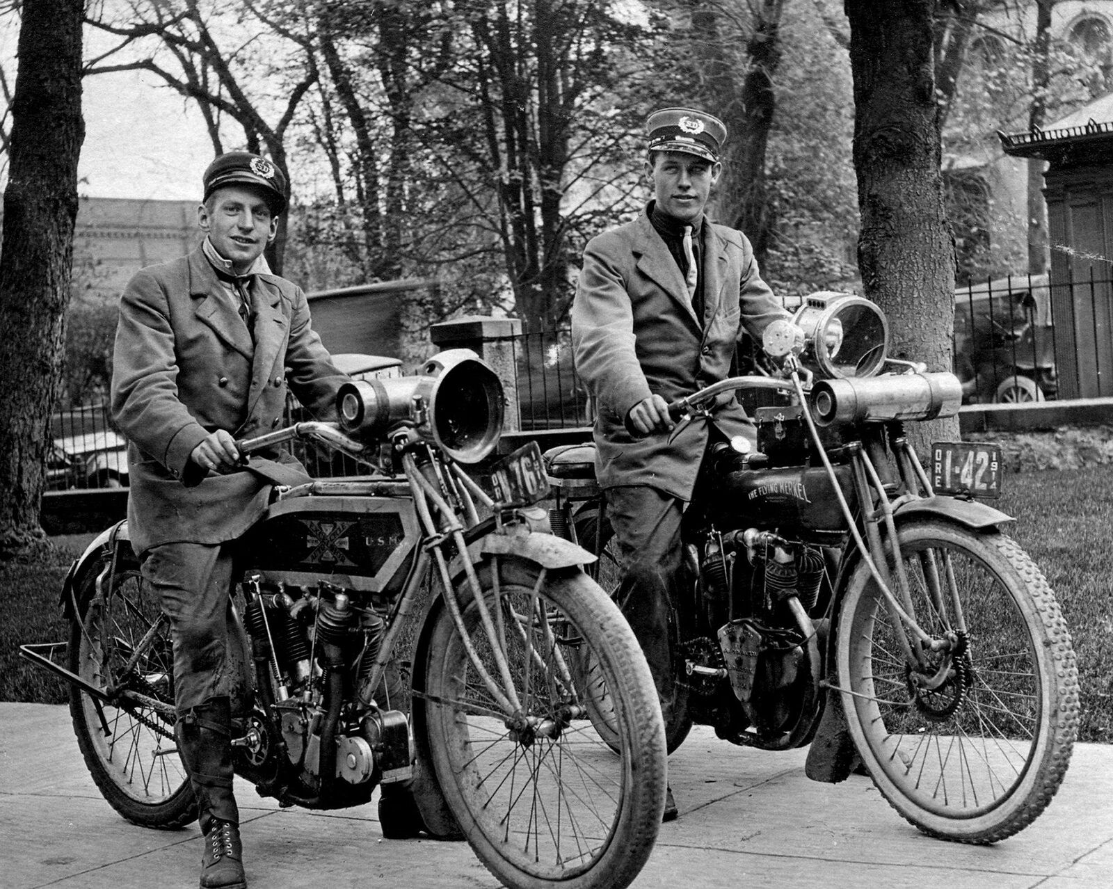 1930s  Special Delivery Messengers on FLYING MERKELS Motor Cycle Photo  (176-Y)