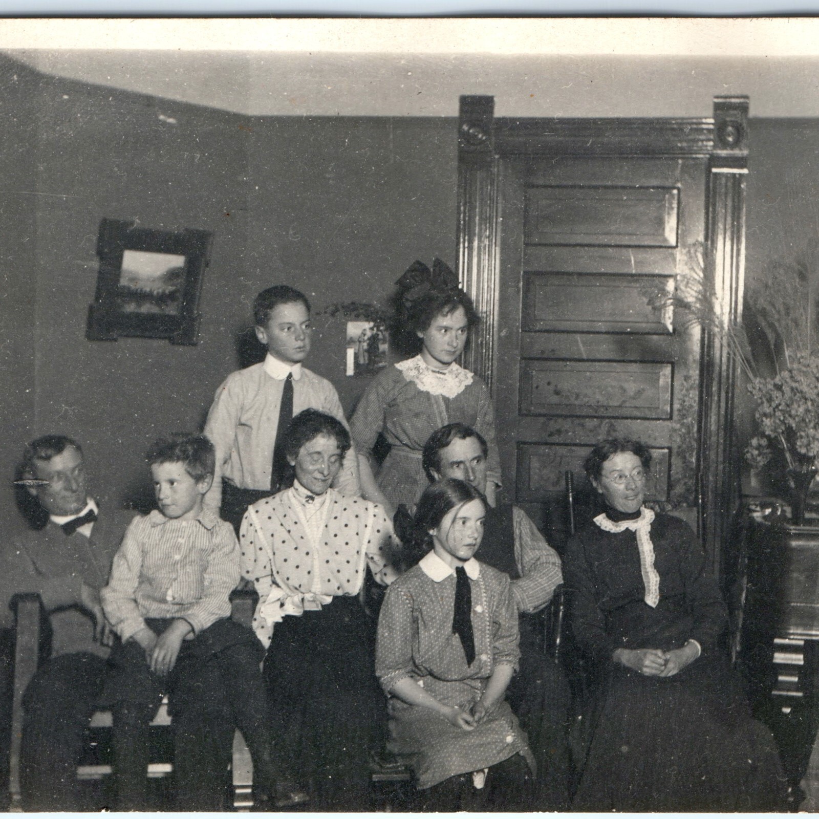 1912 Holland MI Large Family Interior Portrait RPPC Real Photo Flashlight Photo