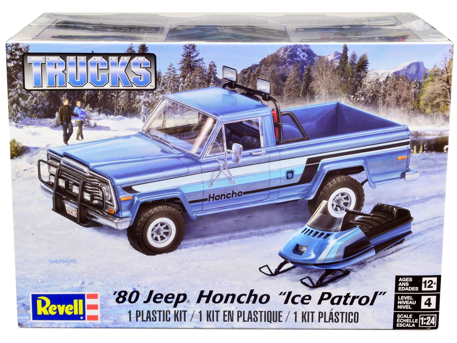 Level Model Kit 1980 Jeep Honcho Pickup Truck Patrol with Snowmobile 1/24 Scale