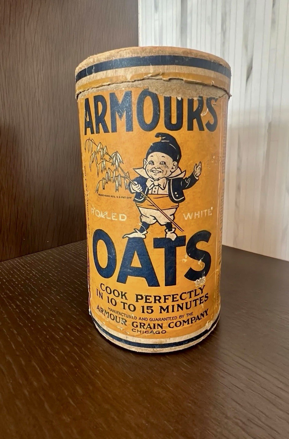 Antique 1900s Armour Oats Litho Elf Mascot Cardboard Container w/Lid Chicago