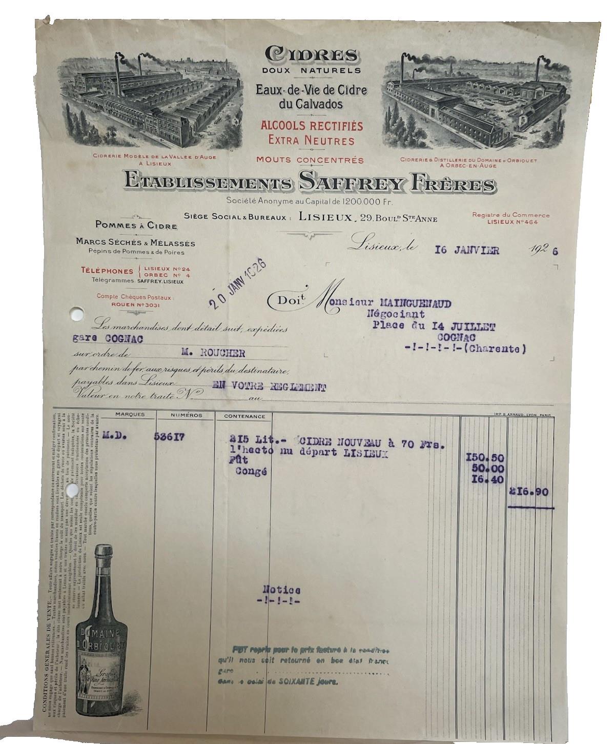 ATQ 1926 French Inv Billhead Cidrerie Saffrey Freres Engravings Cider Rail Ship