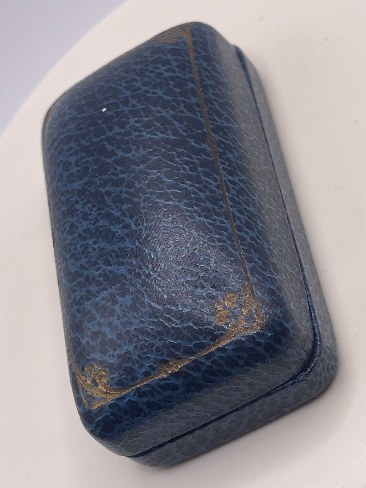Vintage or Antique Blue Leather Etched Gold Hinged Trinket Case