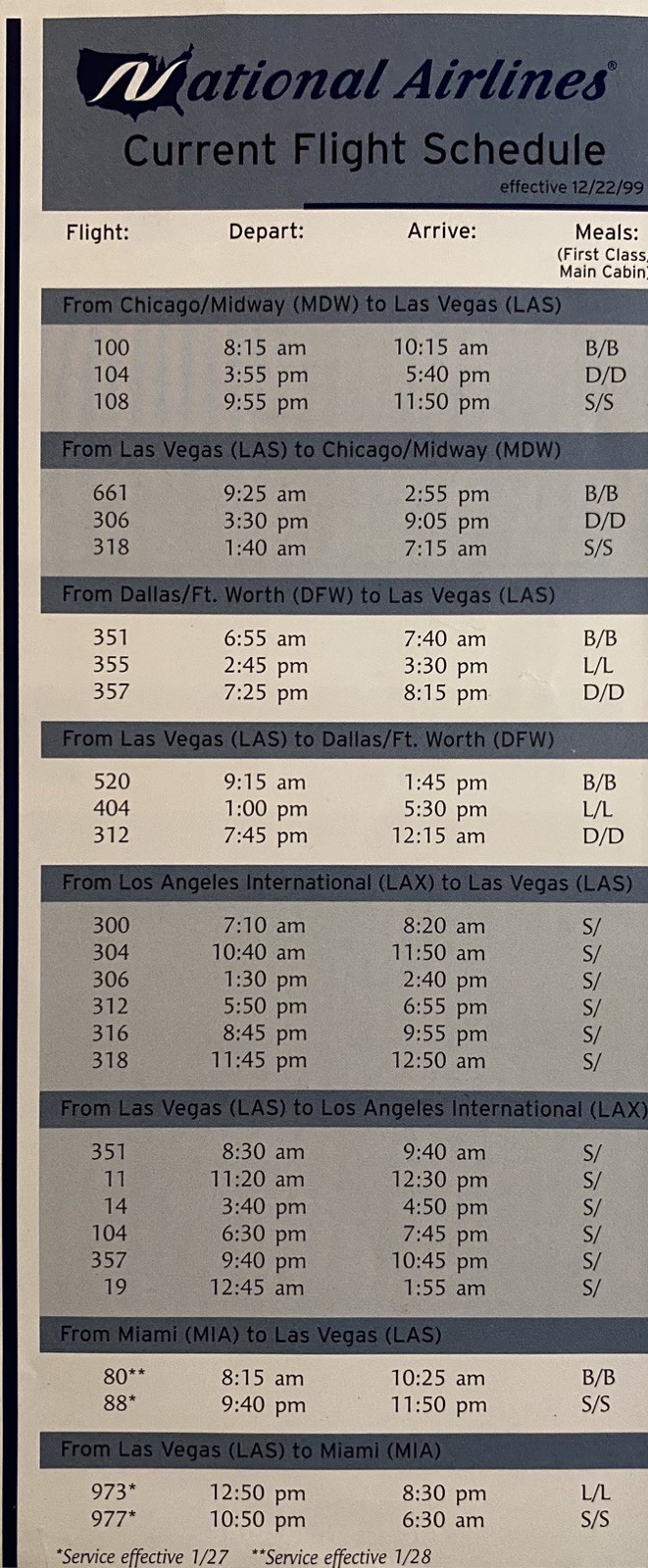 National Airlines Flight Schedule 12/22/99