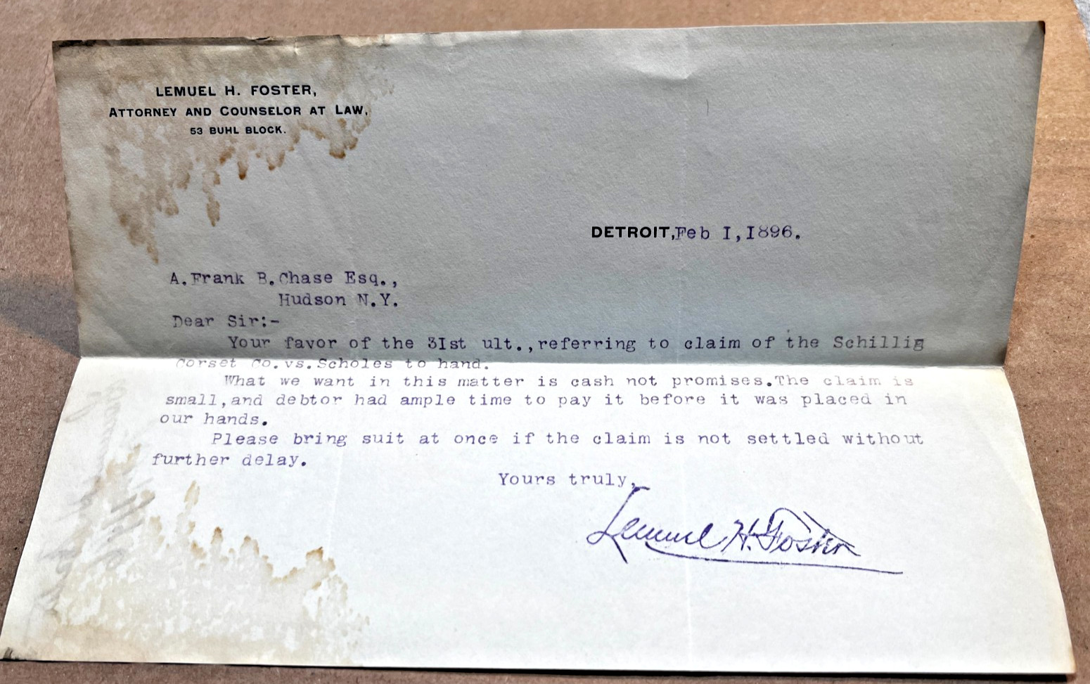 1896 Lemuel H Foster Buhl Block Detroit MI Regarding Schilling Corset v Scholes