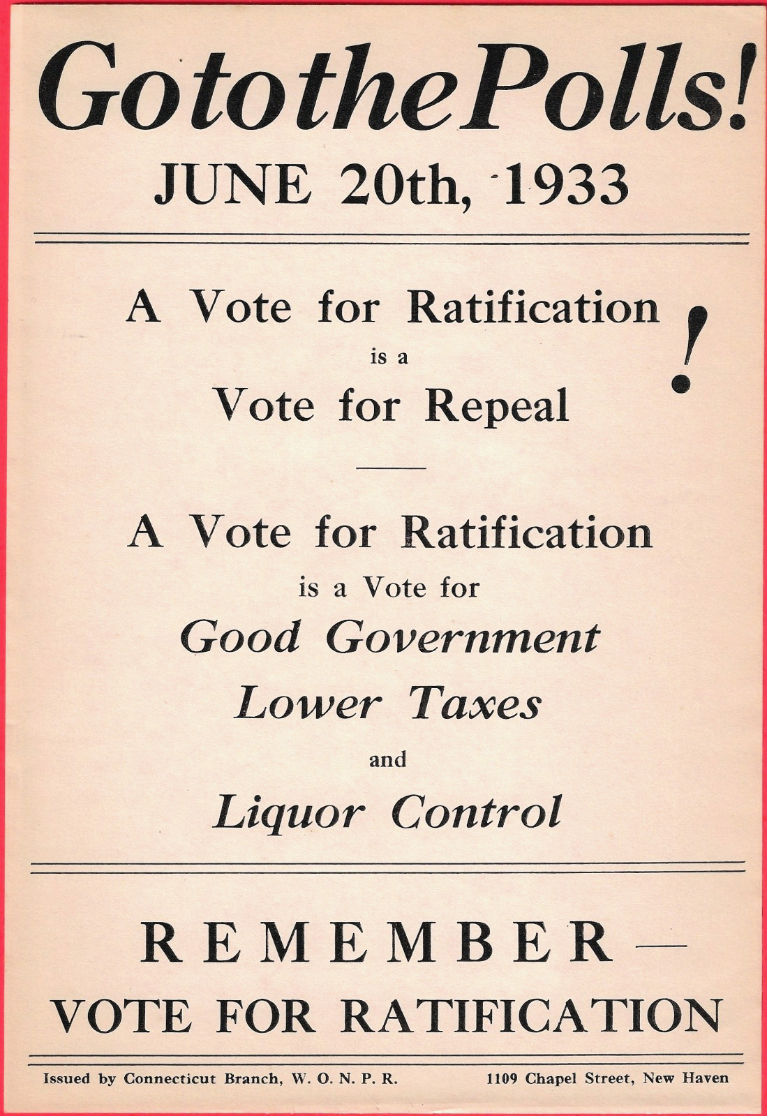 Rare 1933 Anti-Prohibition Broadside Flyer WONPR Women\'s Reform Connecticut