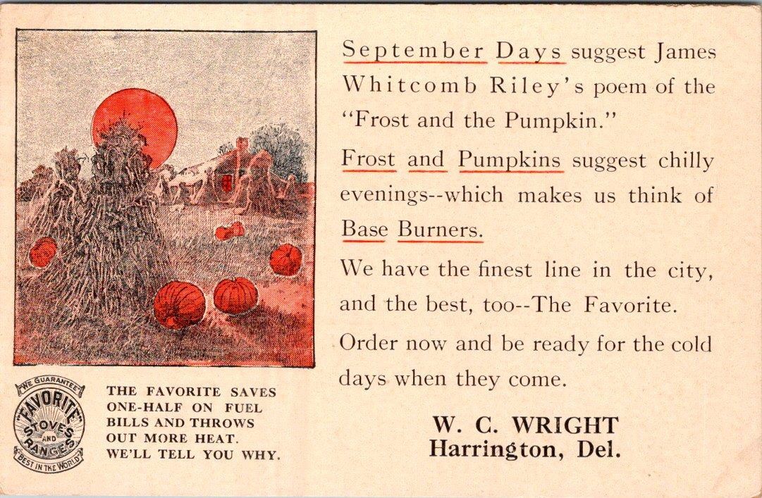 1910\'s W.C. WRIGHT HARRINGTON DELAWARE FAVORITE STOVES RANGES PUMPKINS POSTCARD