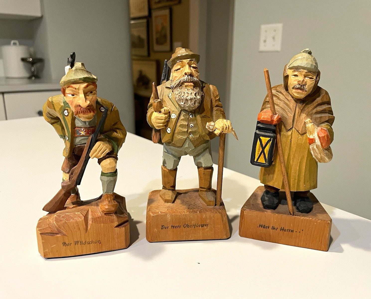 Vintage Jaschke Hand Carved German Wood Figures Poacher Forester Night Watchman