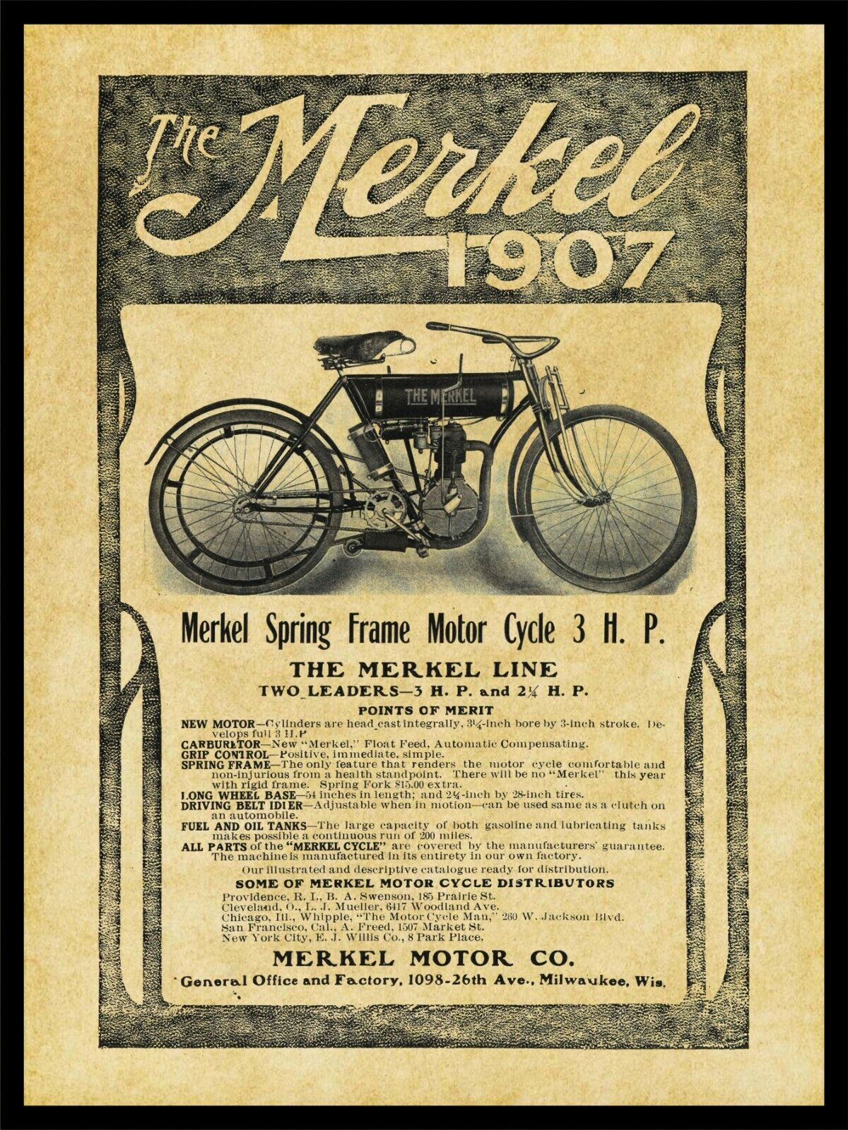 1907 Merkel Car Co. NEW Metal Sign: Motorcycle Specs - Milwaukee, Wisconsin