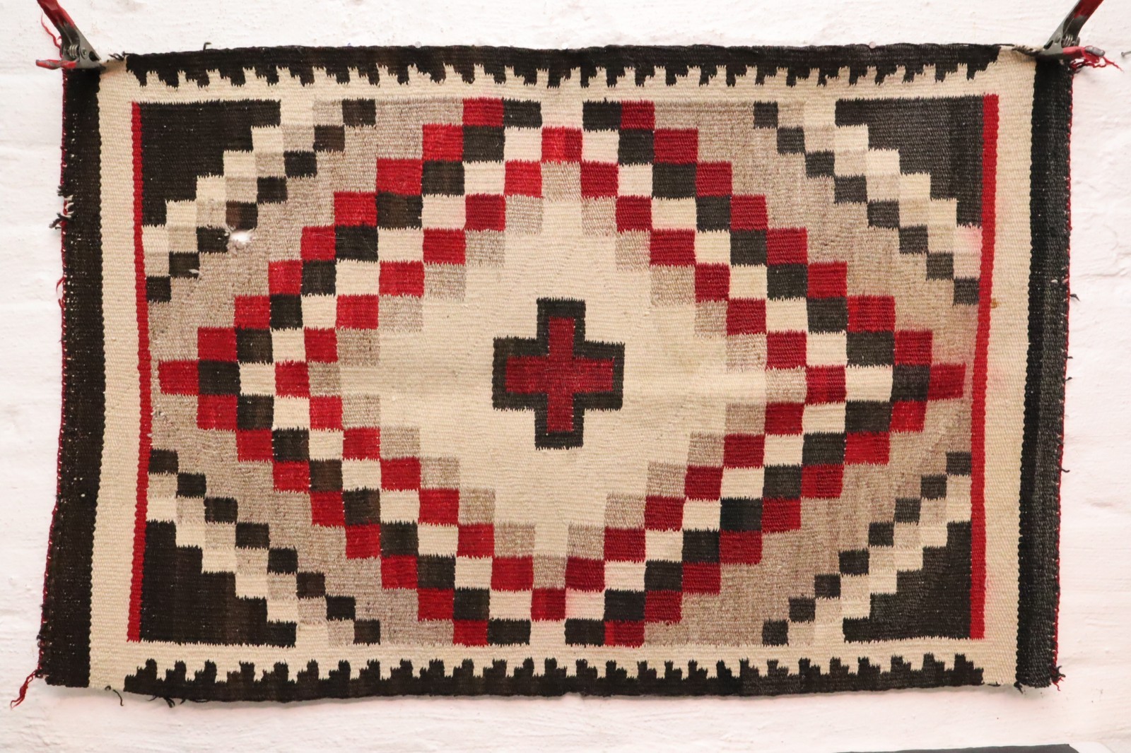 ATQ Navajo Transitional CROSS Rug Native American Indian Weaving 37x24 Textile