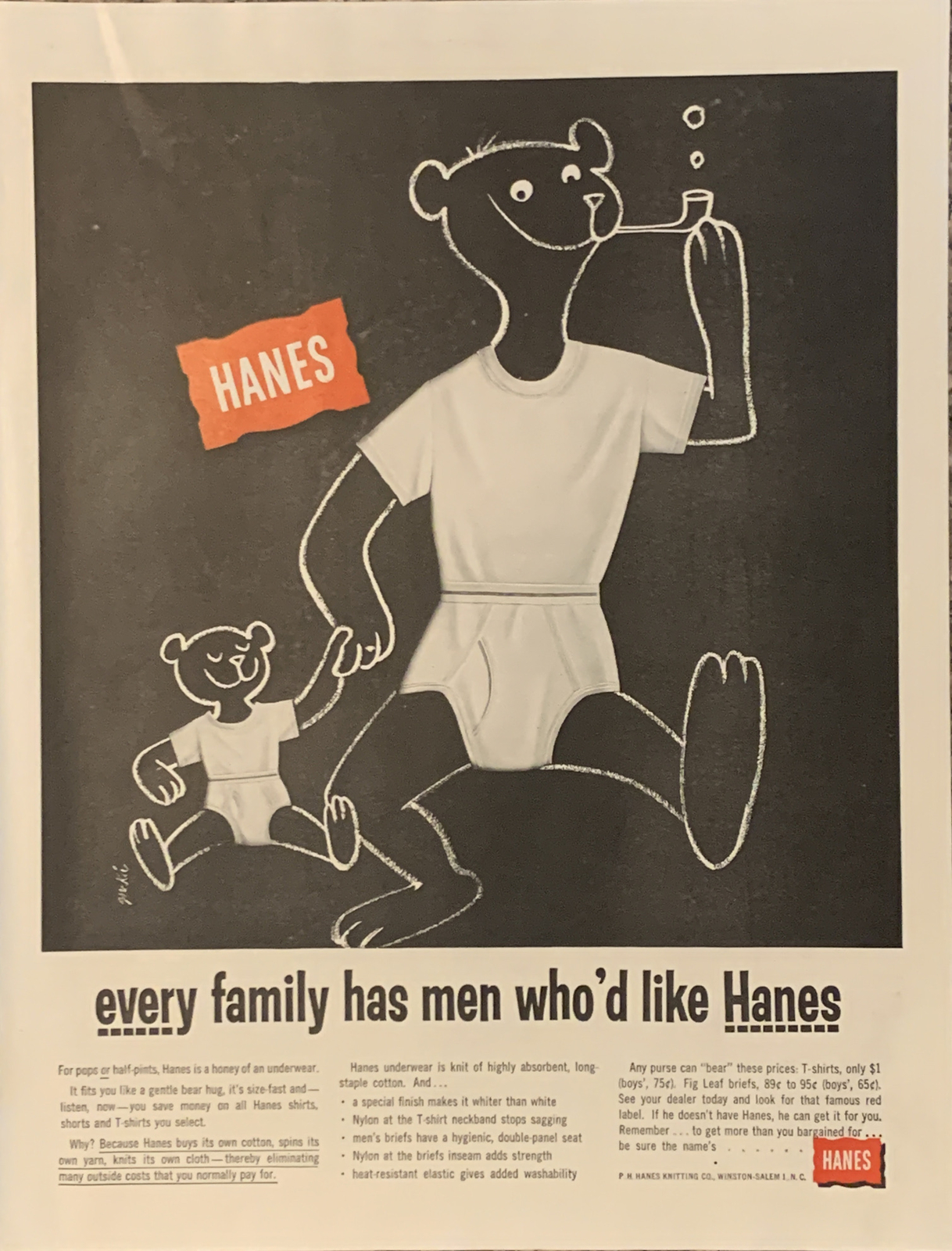 1955 Hanes Underwear Tighty Whities PRINT AD Bear & Cub Chalk VTG 1950s Pipe