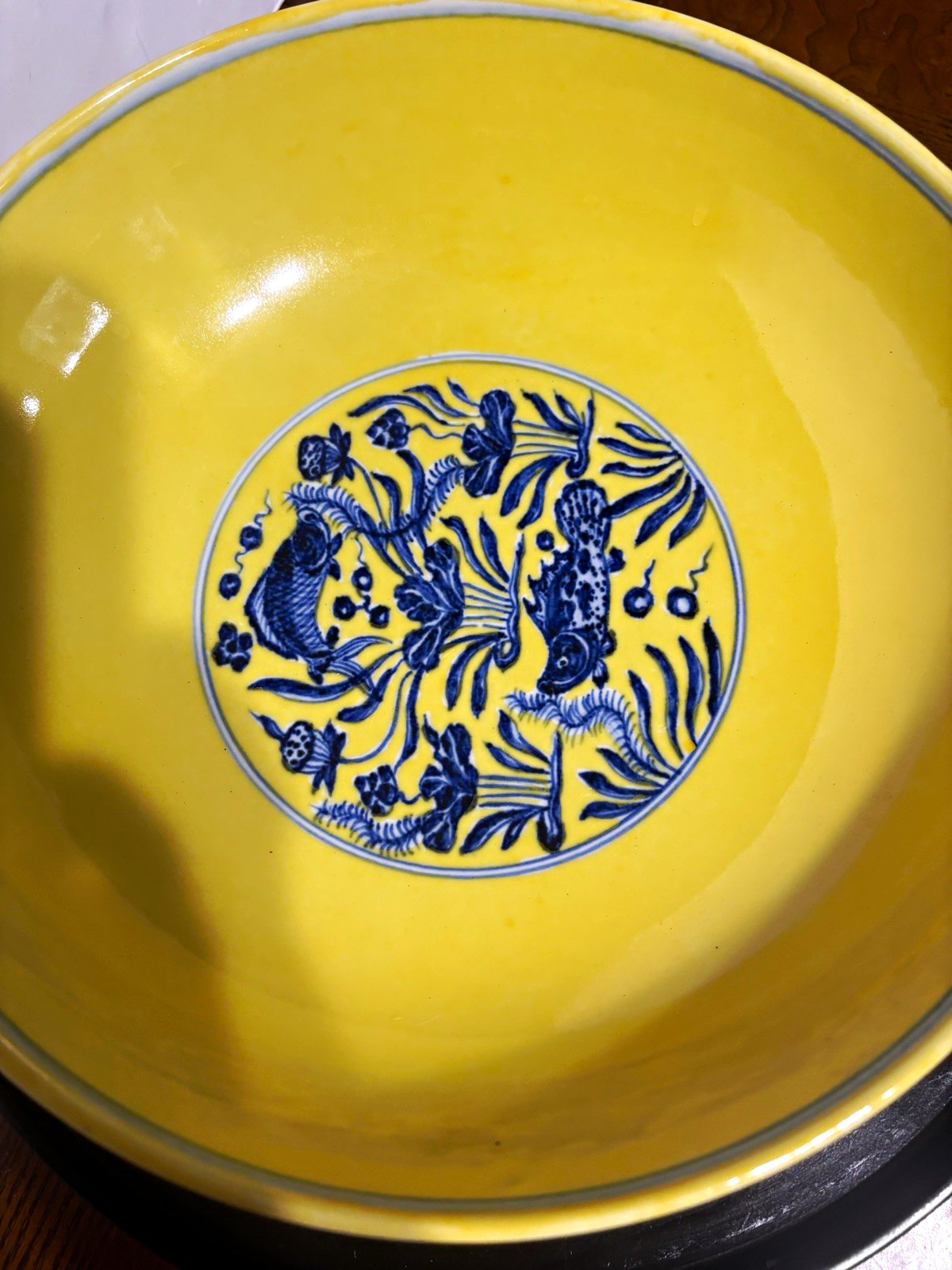 Ming dynasty Chinese Blue &Yellow Porcelain Fish Bowl Floral Design 10.3in high 