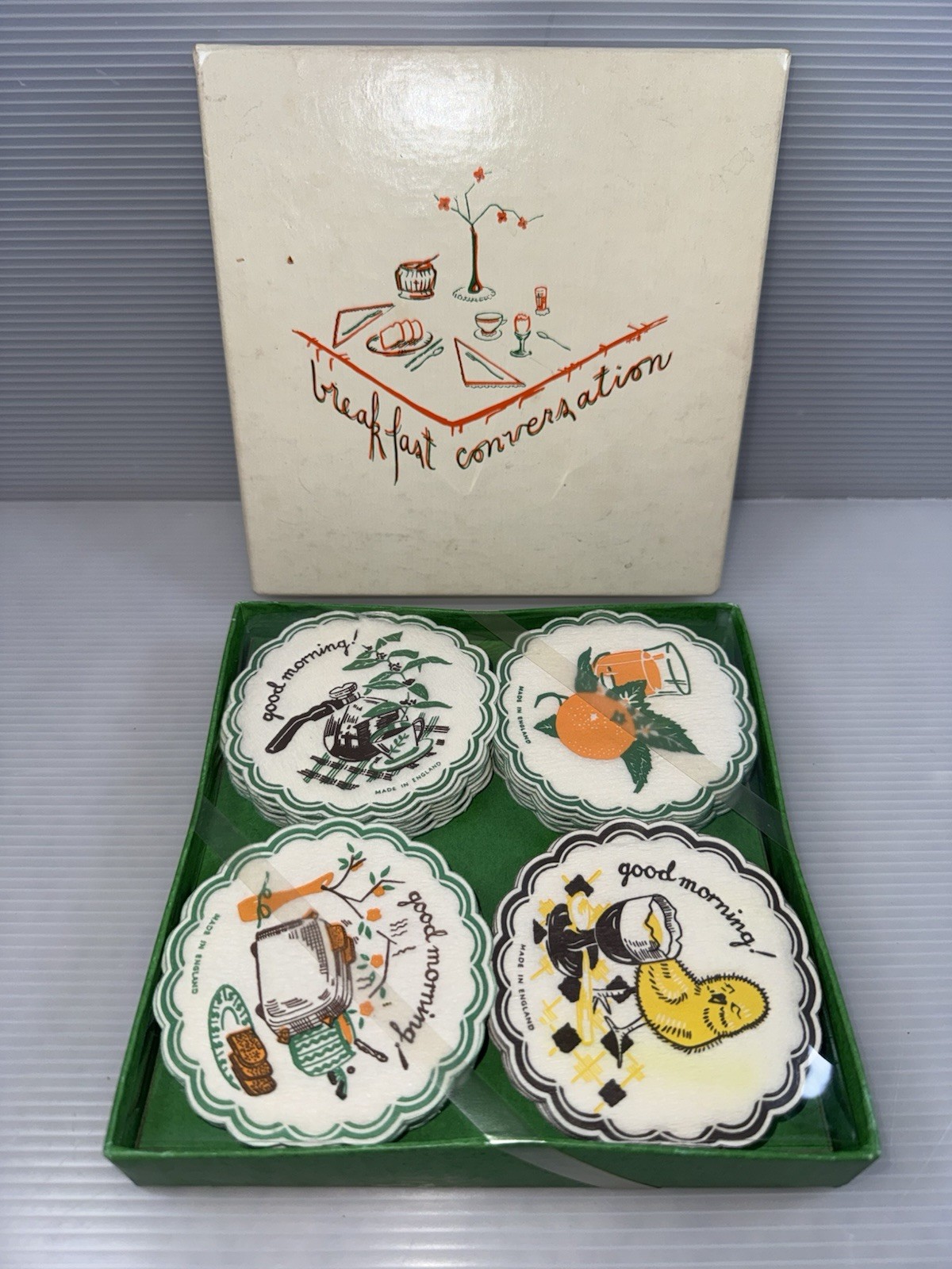 Rare VTG Freund Mayer & Co Paper Coasters Breakfast Conversations FM130A England