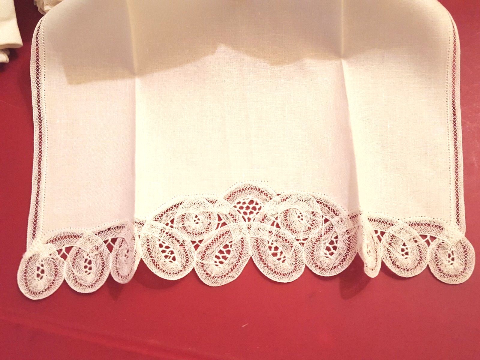 One white Battenburg linen hand towel 12\