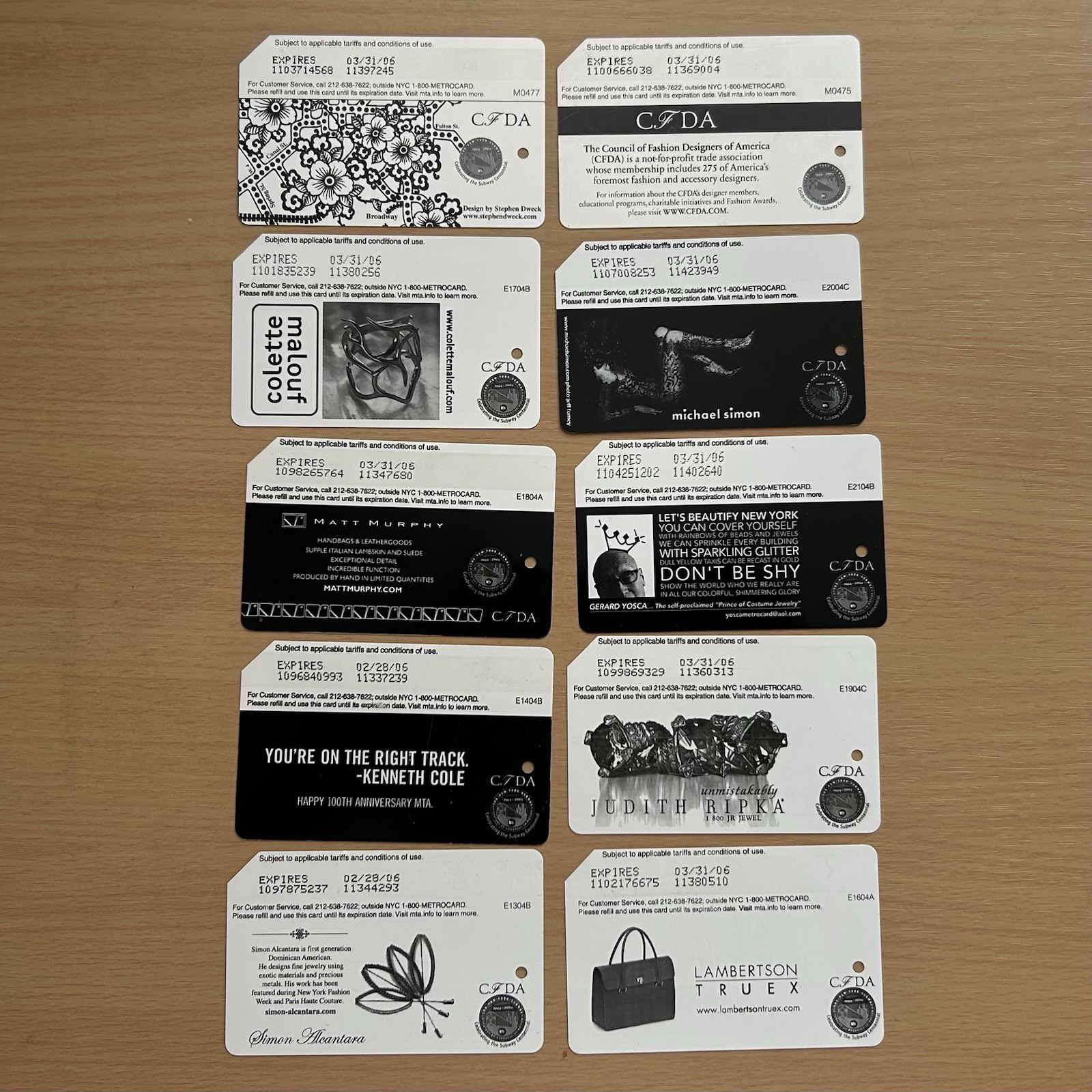Rare Vintage MetroCard CFDA Edition, Complete Set Of 10x (Used) Collectibles.