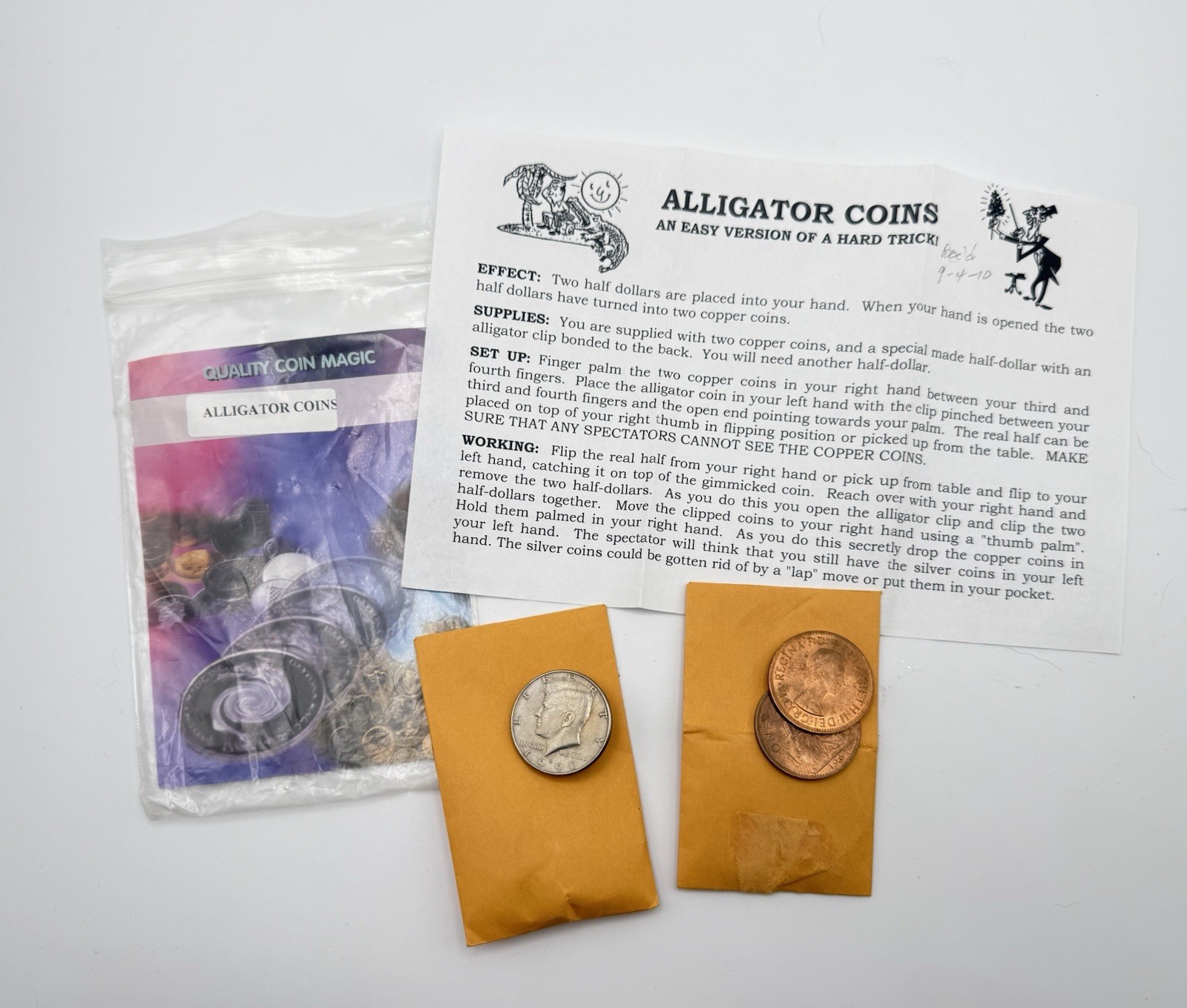 Vintage Alligator Coins Magic Trick Set Gimmicked Half Dollar 2 Copper Coins