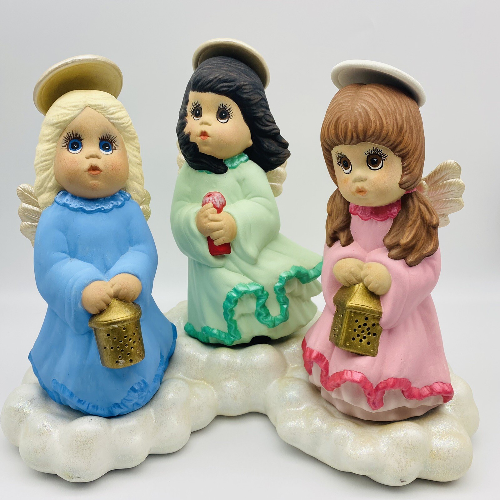 Large 1986 Vintage Set of 3 Angels on Clouds figurines tealight holder RARE