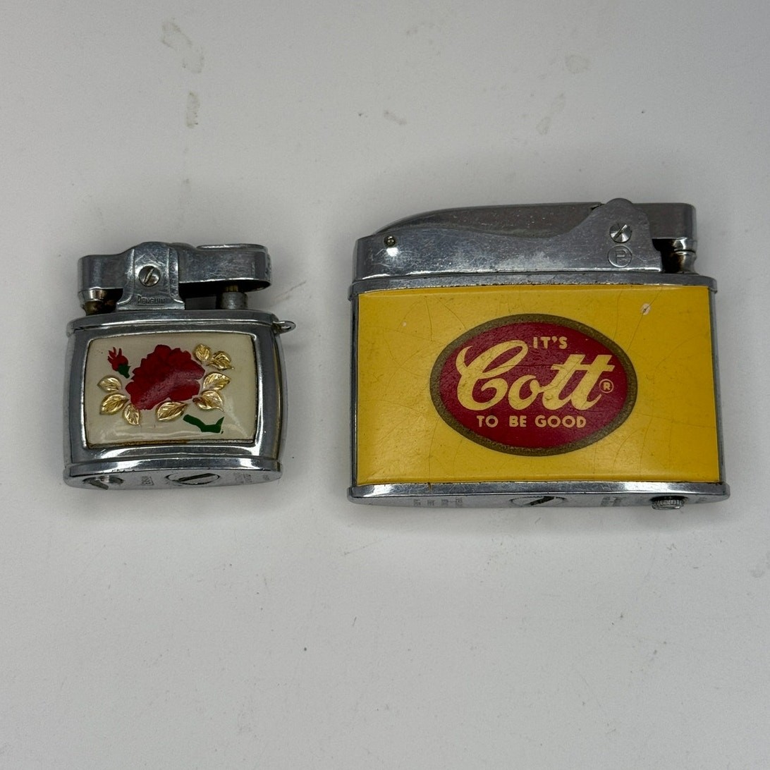 Lot of 2 Vintage Penguin Japan Lighters Cott Soda Advertising Rose Enamel