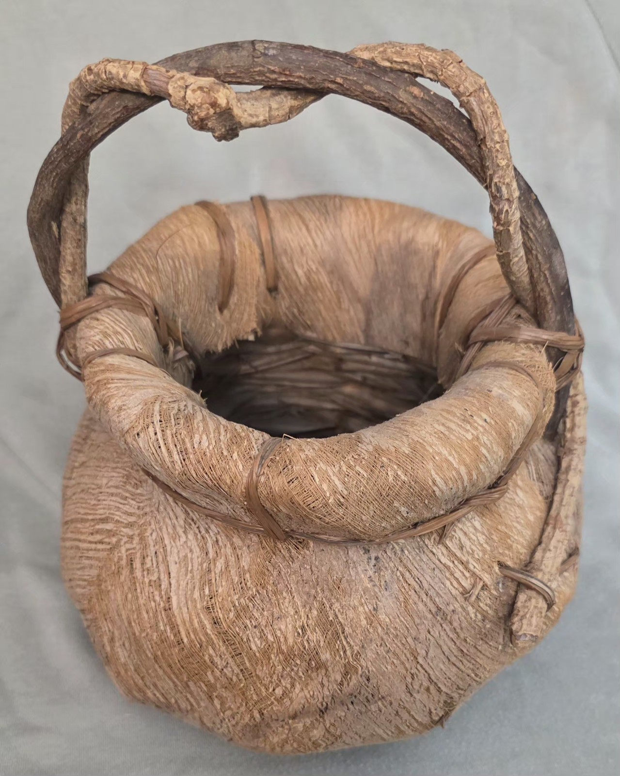Antique African Coconut Husk, Palm Leaf & Grapevine Woven Basket Vine Handles ￼