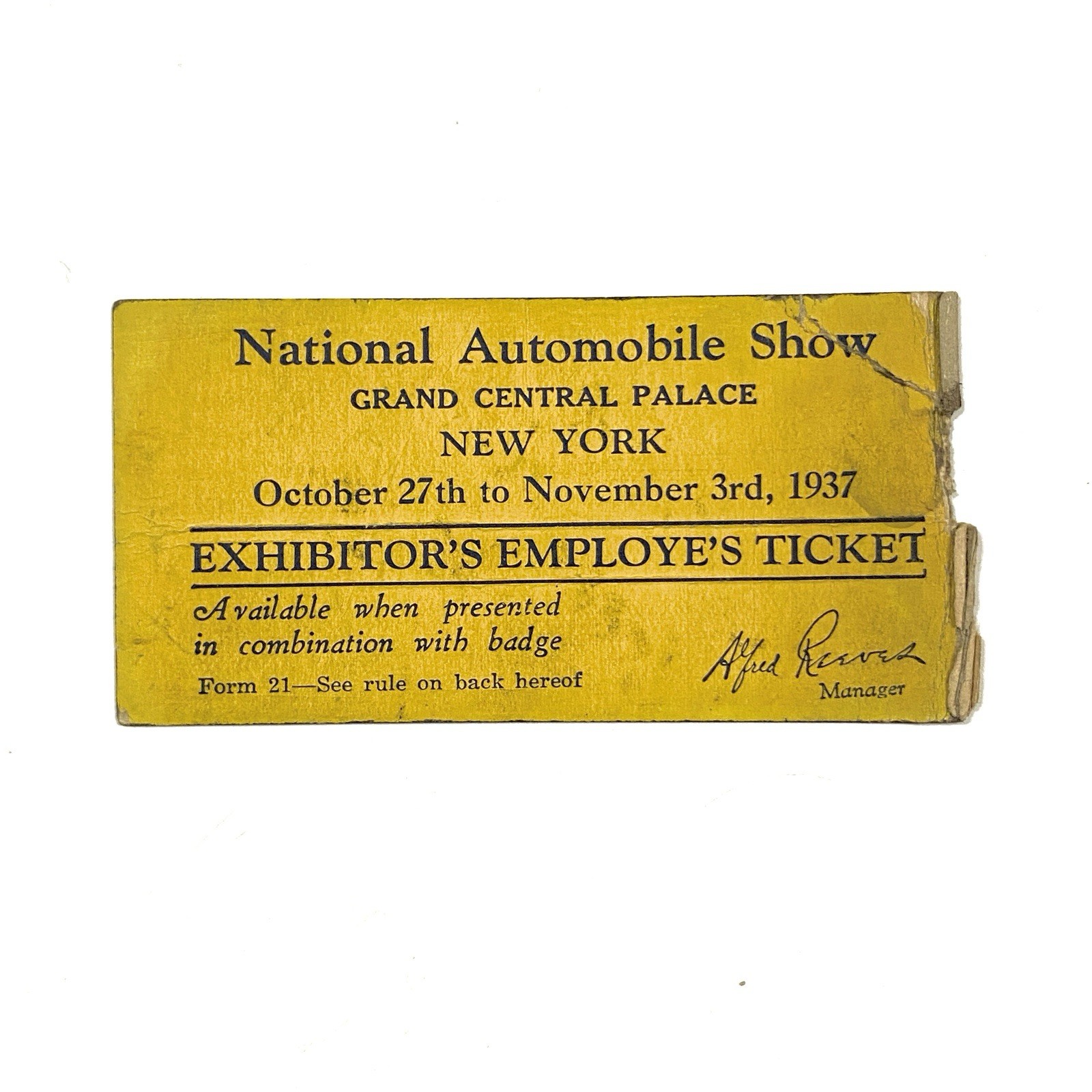 Vintage 1937 International Automobile Show New York Employee Ticket NYC