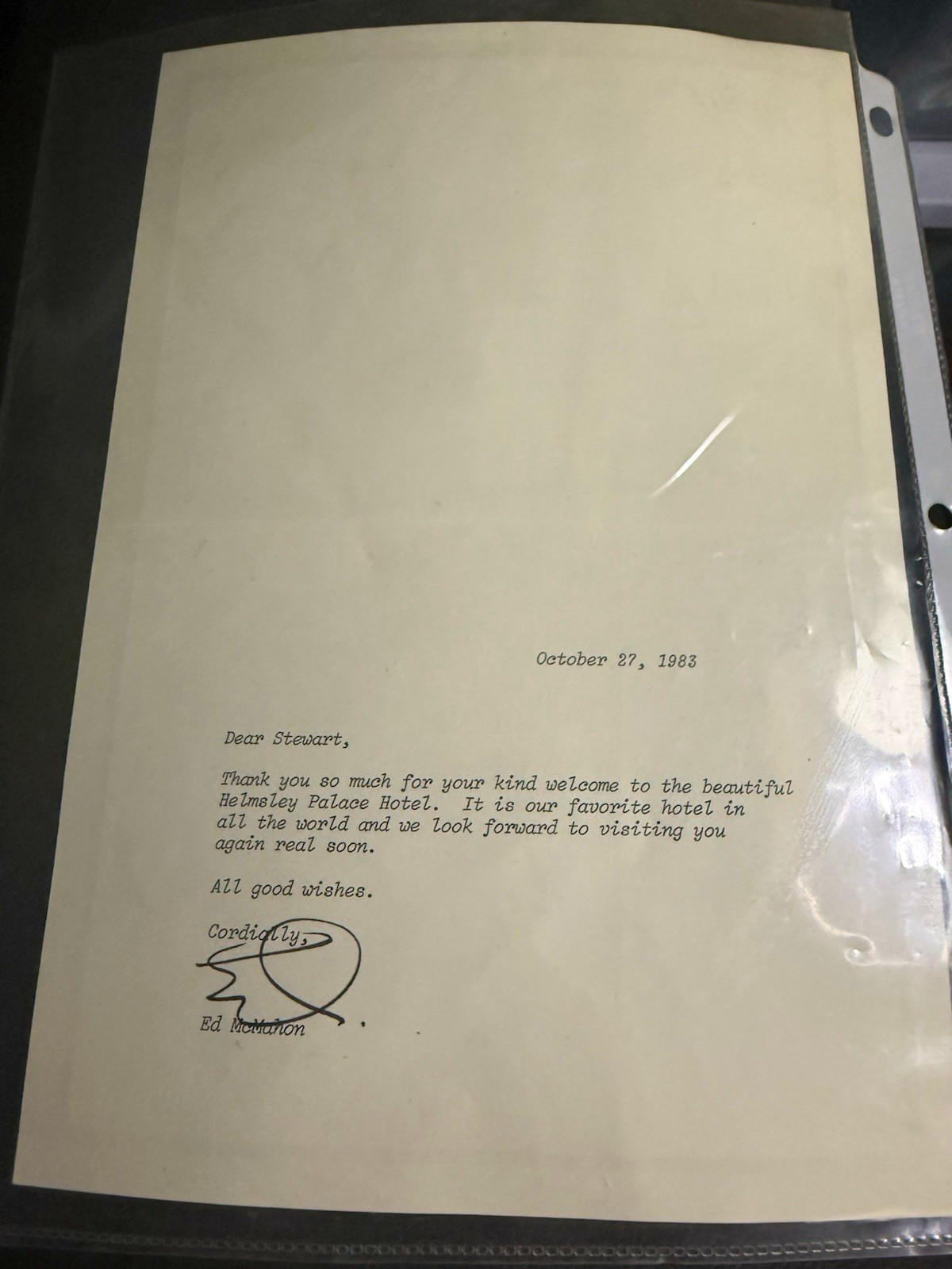 Ed McMahon Signed Typed Letter October 27, 1983 Hemsley Palace Hotel Celebrities