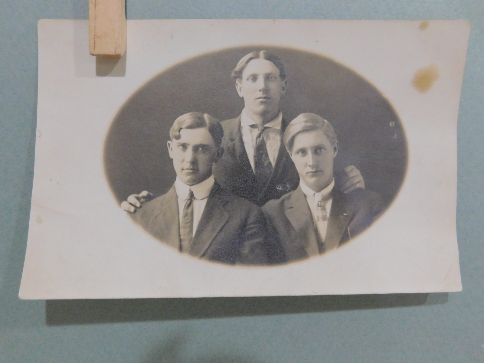 1920's RPPC - THREE GENTS, antique real  studio photograph postcard, damage