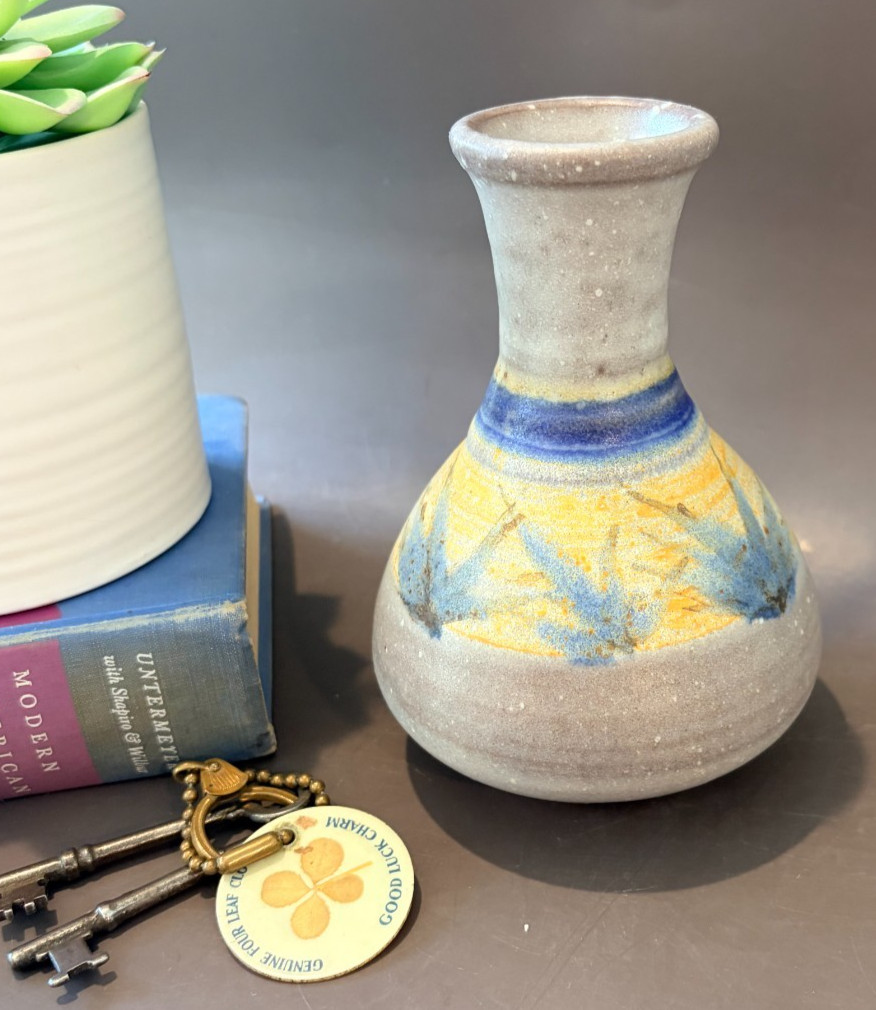 Vintage Hand-Thrown Studio Art Pottery Vase Blue Brushstroke Glazed Stoneware