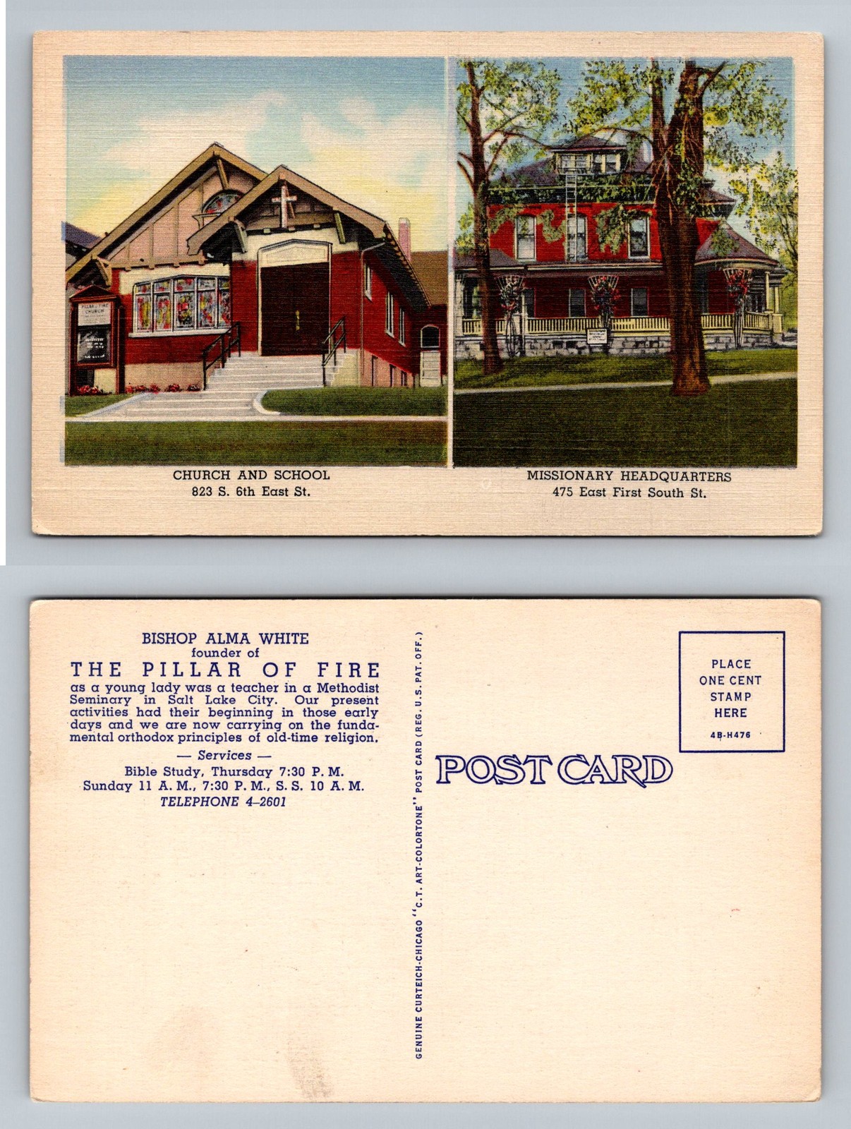 Salt Lake City, UT-Utah, Pillar Of Fire Church And School Vintage Postcard