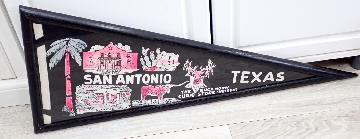 Vintage Felt Pennant San Antonio Texas Souvenir Framed Alamo Longhorn Buckhorn