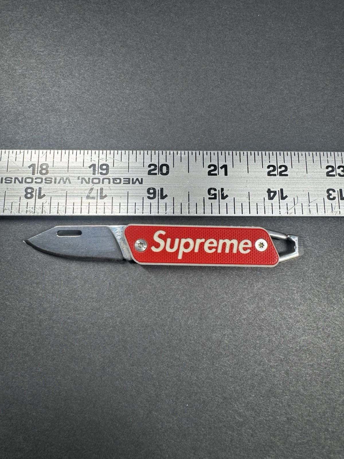Supreme x TRUE Modern Keychain Knife Red G10 Pocket Knife Used Carabiner 