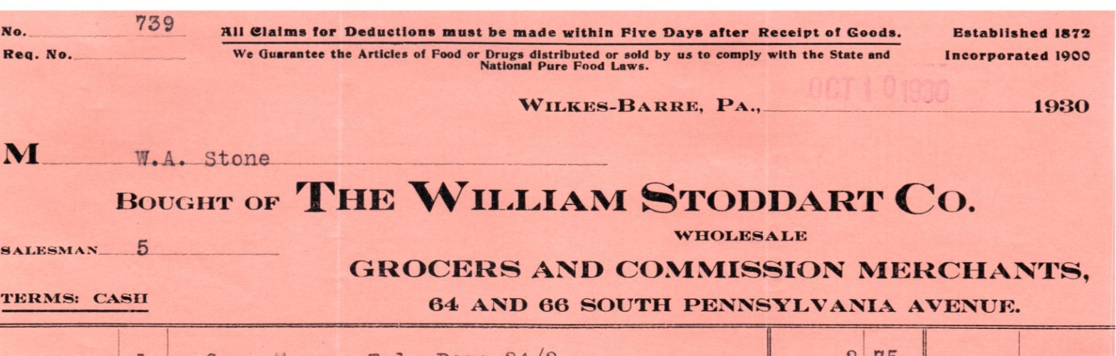 1930 WILKES-BARRE PA THE WILLIAM STODDART CO GROCERS BILLHEAD INVOICE Z7716