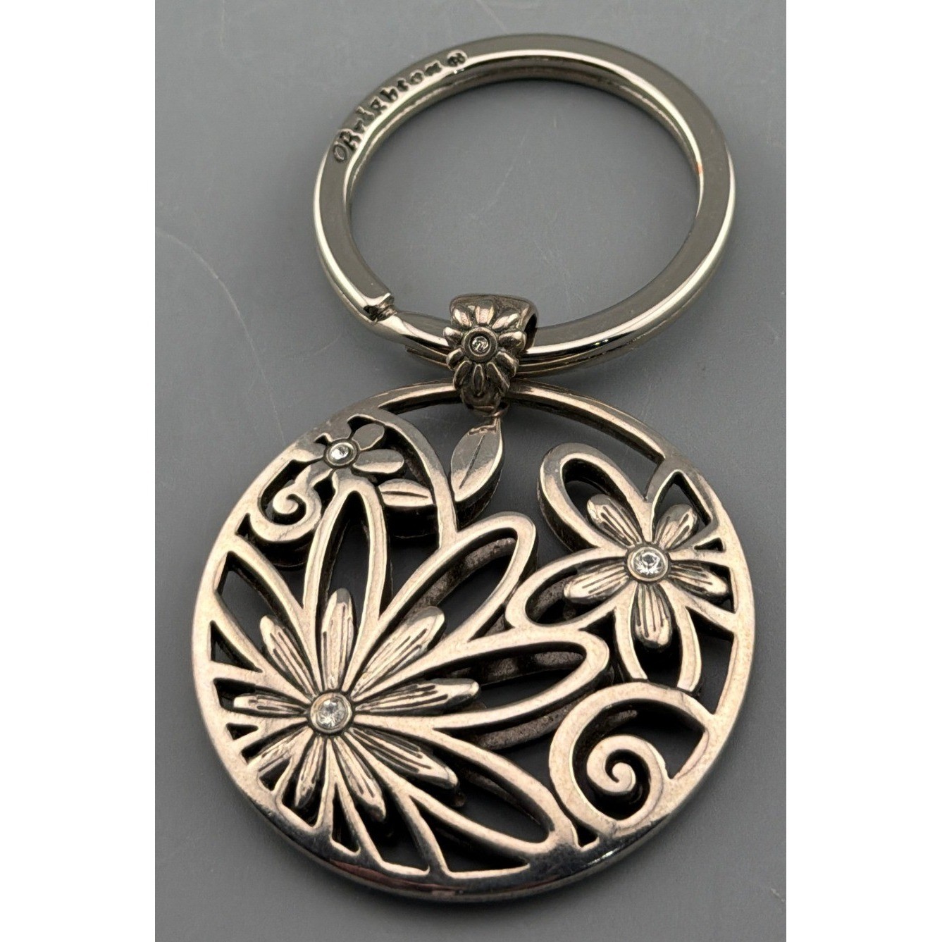 Vintage Brighton Floral Openwork Keychain Silver Tone Rhinestone Daisy Design