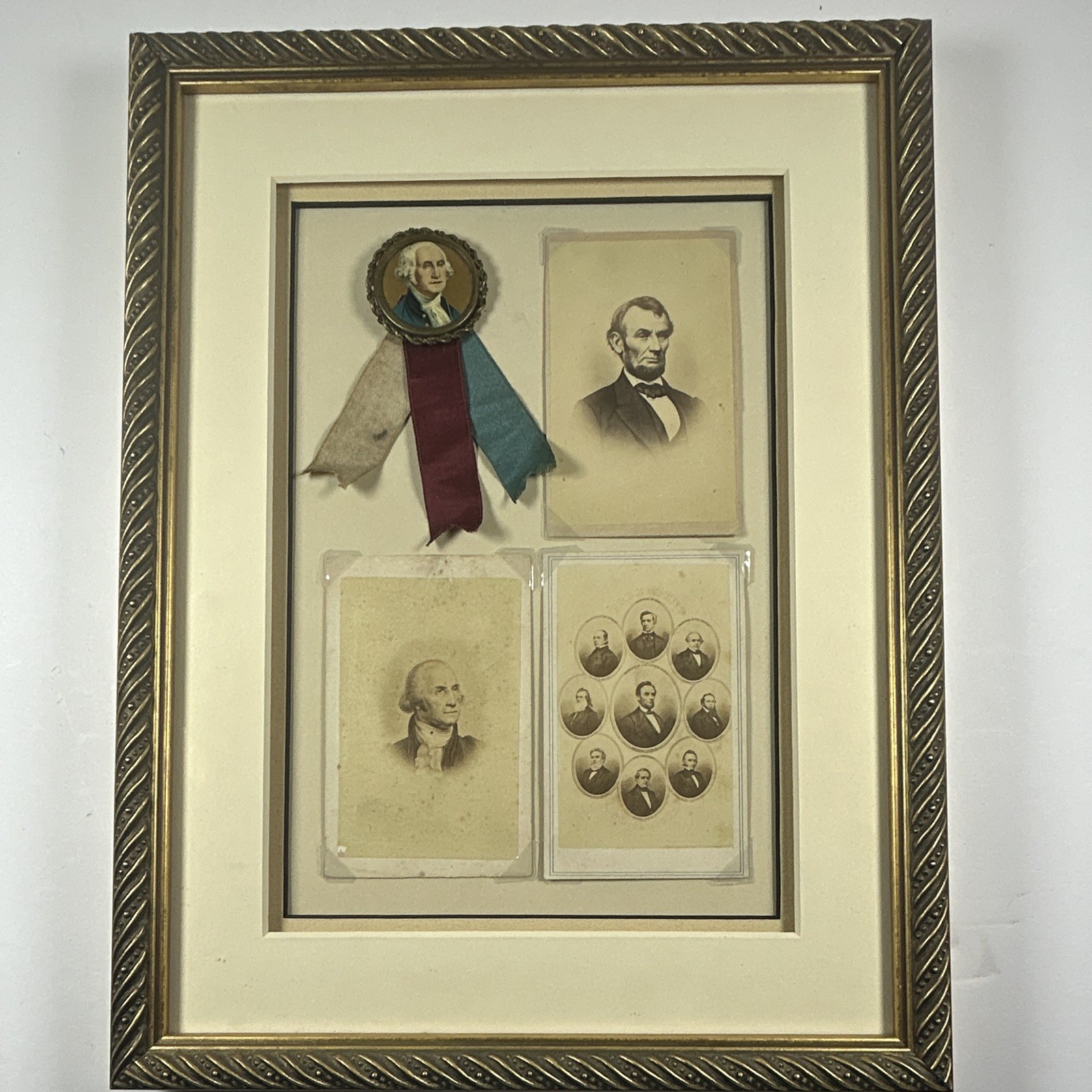 Framed George Washington Ribbon Badge Lincoln Cabinet CDV Portrait Card Group