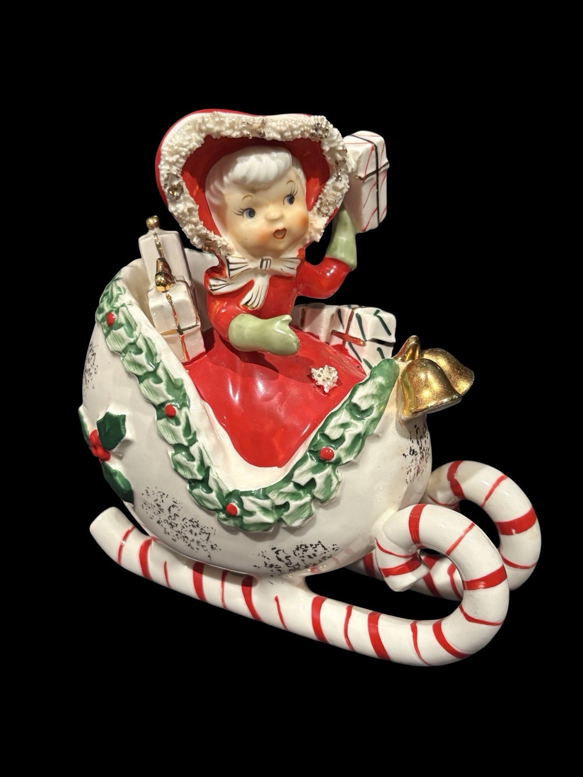 Vtg NAPCO Christmas Holiday Shopper Candy Cane Sled Ceramic Japan RARE