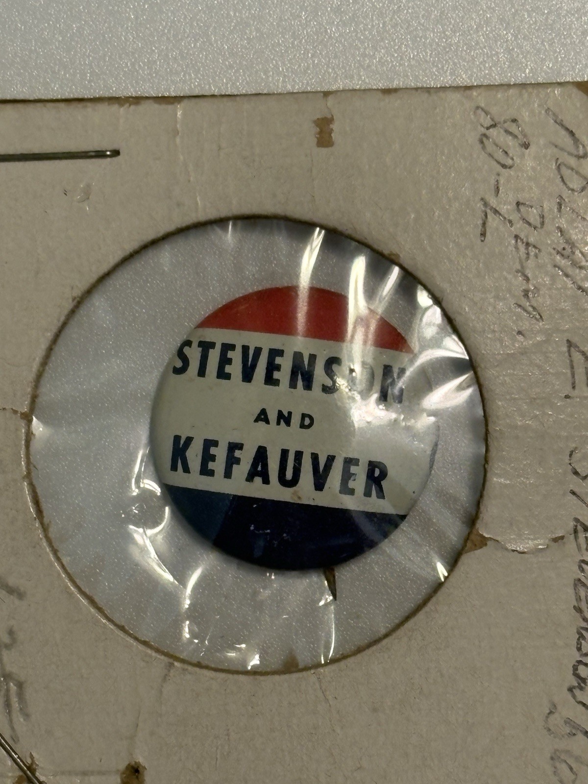 1956 Adlai Stevenson Estes Kefauver Campaign Button Original Packaging 1.25”