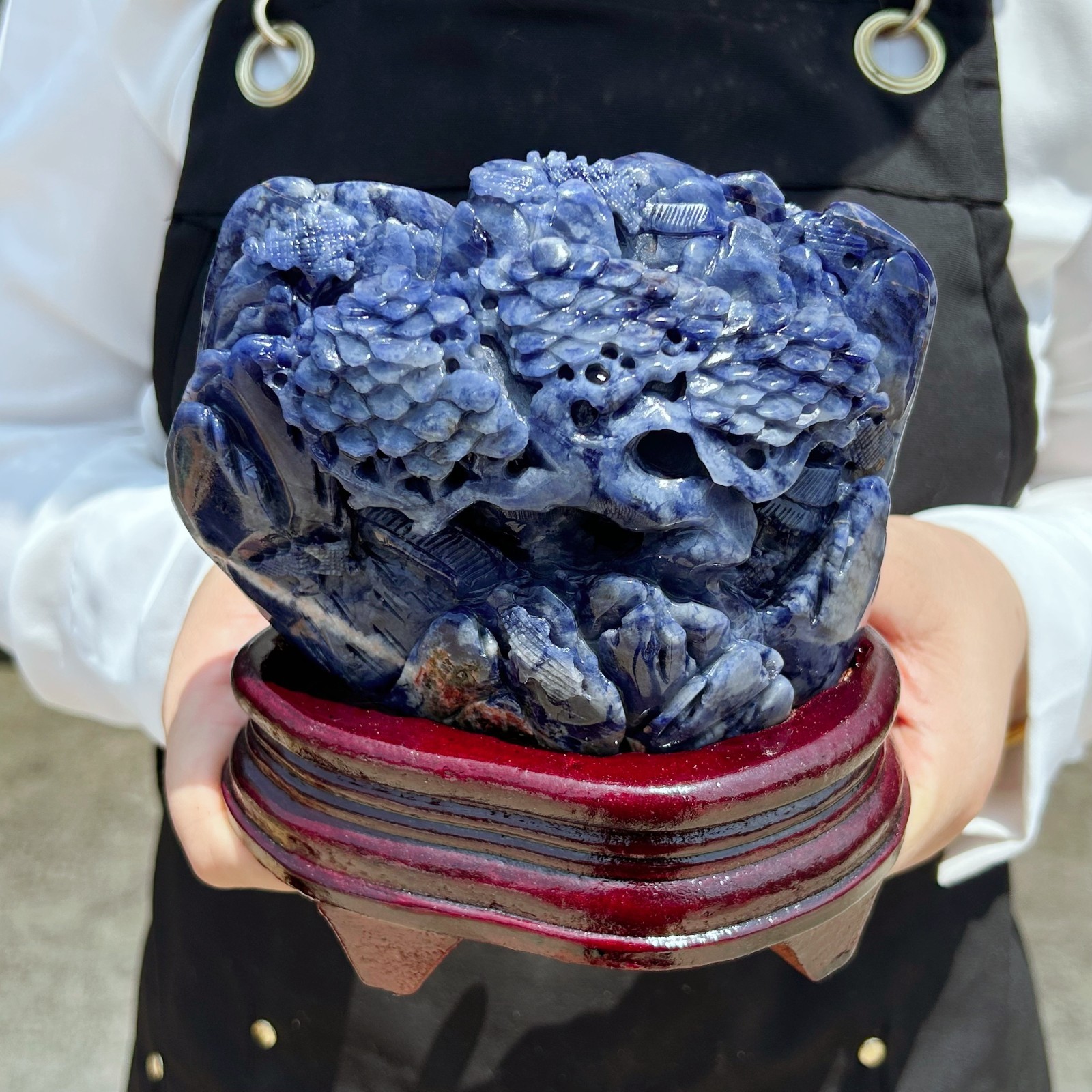 All 2.7LB Natural Sodalite Quartz Crystal Hand-Carved Mountain Scenery Sculpture