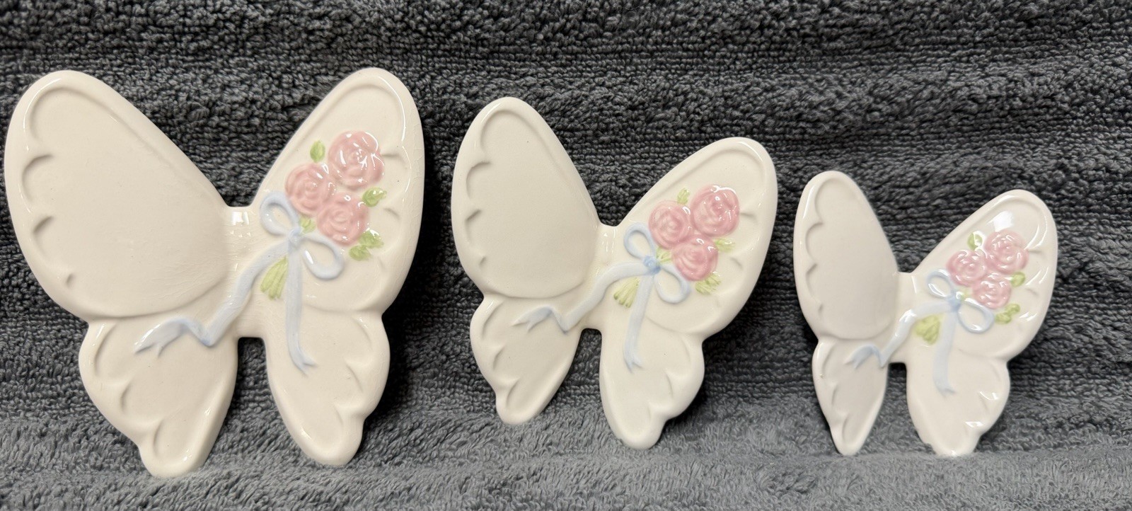 Vintage Homco Ceramic Butterfly Wall Plaques Pink Roses Blue Bow Set of 3 VTG