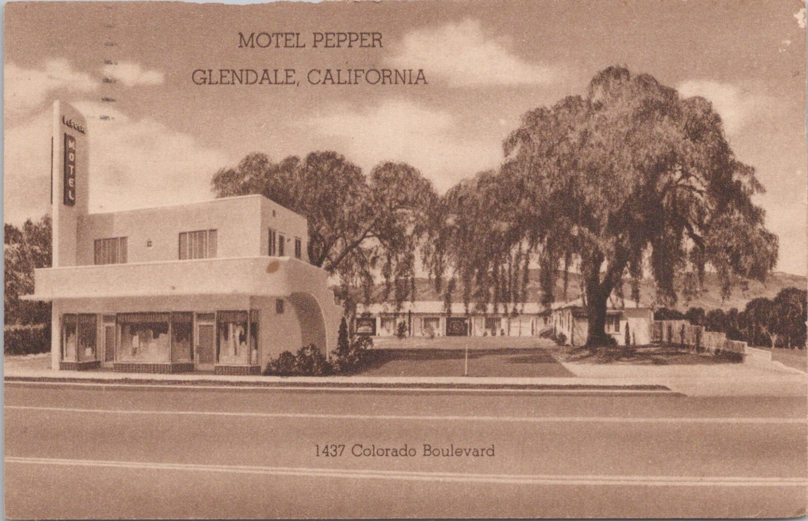 Lithograph ** Glendale California Motel Pepper Advertising Street View 1941