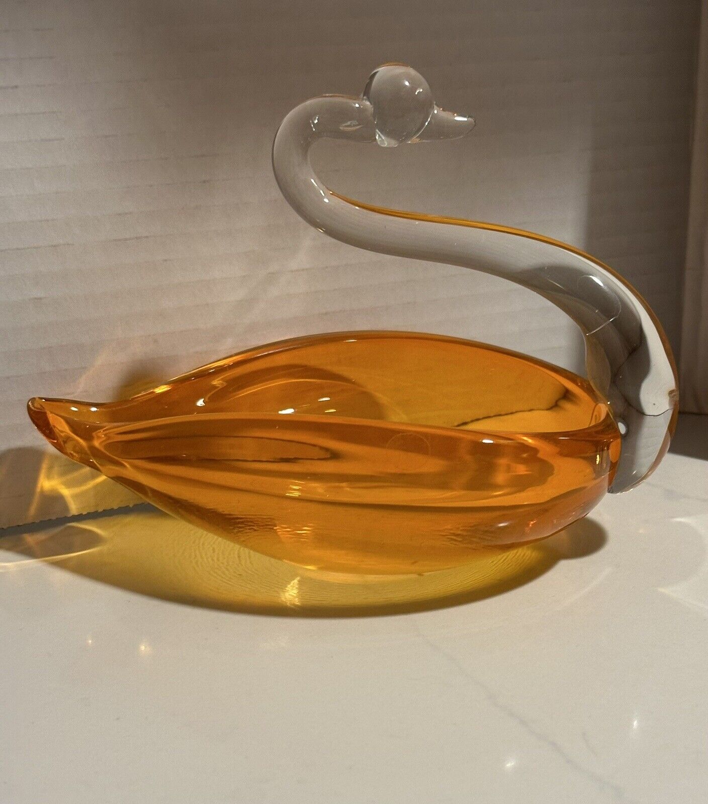 Vtg Duncan Miller Orange Clear Blown Glass Swan Bowl Candy Dish Trinket Tray