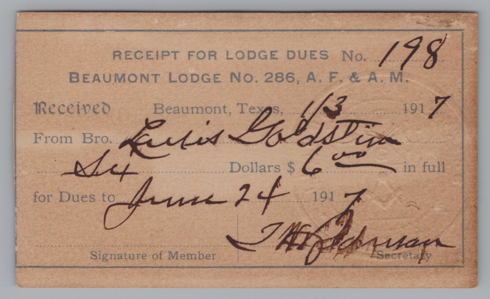 1917 Beaumont Lodge No. 286 Dues Receipt Beaumont Texas
