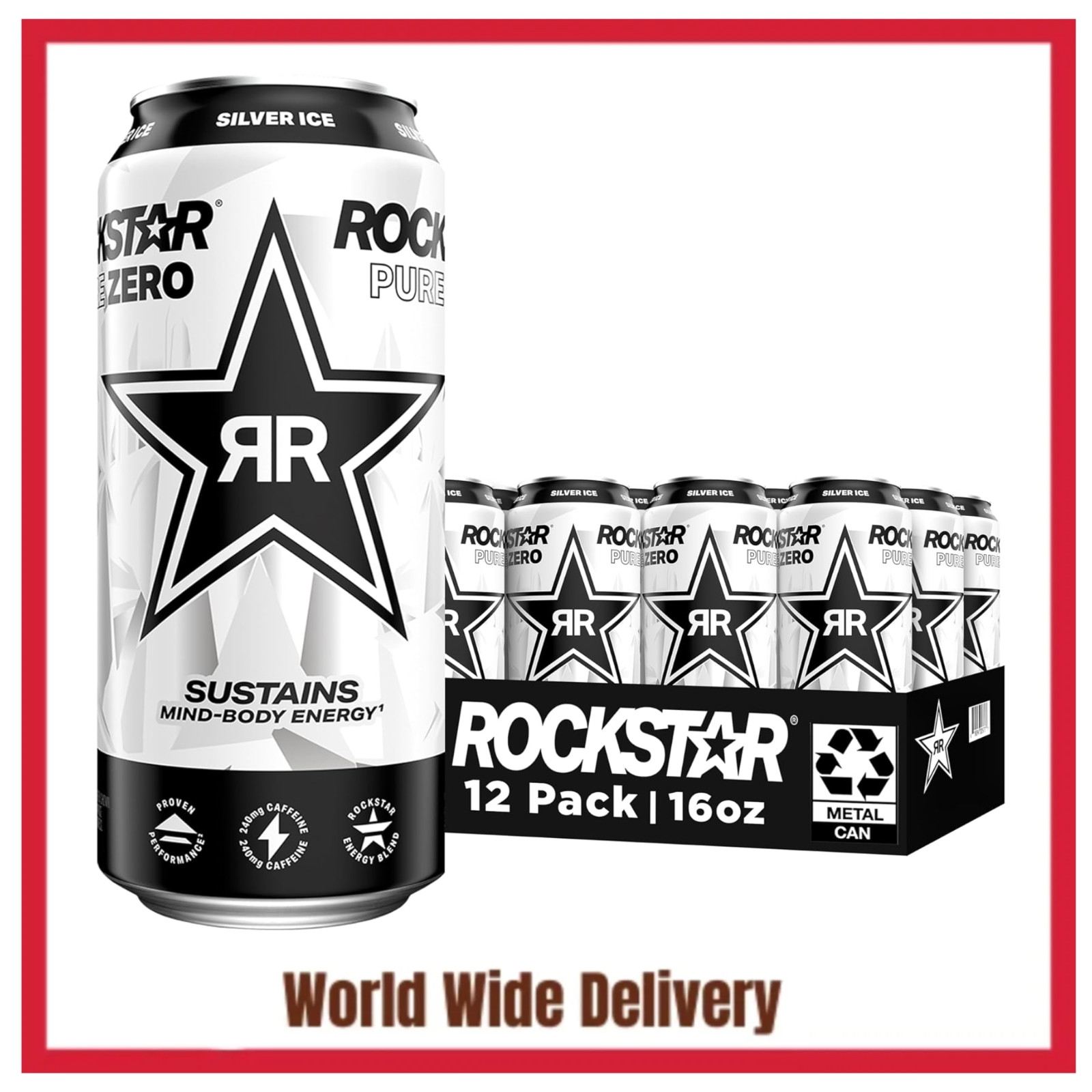 Rockstar Pure Zero Energy Drink, Silver Ice, 0 Sugar, 16oz (Pack of 12)