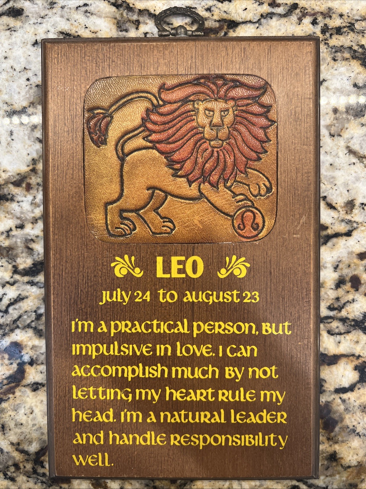 VTG 1978 Wallace Berrie Zodiac Leo Astrology Wall Art Wood & Leather # 1812