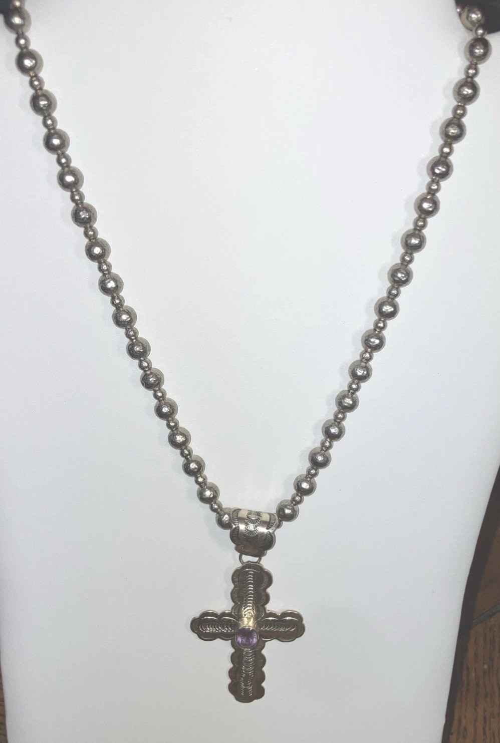 Amethyst Stamped Cross Pendant Sterling THE METROPOLITAN MUSEUM Ball Beads 40gms