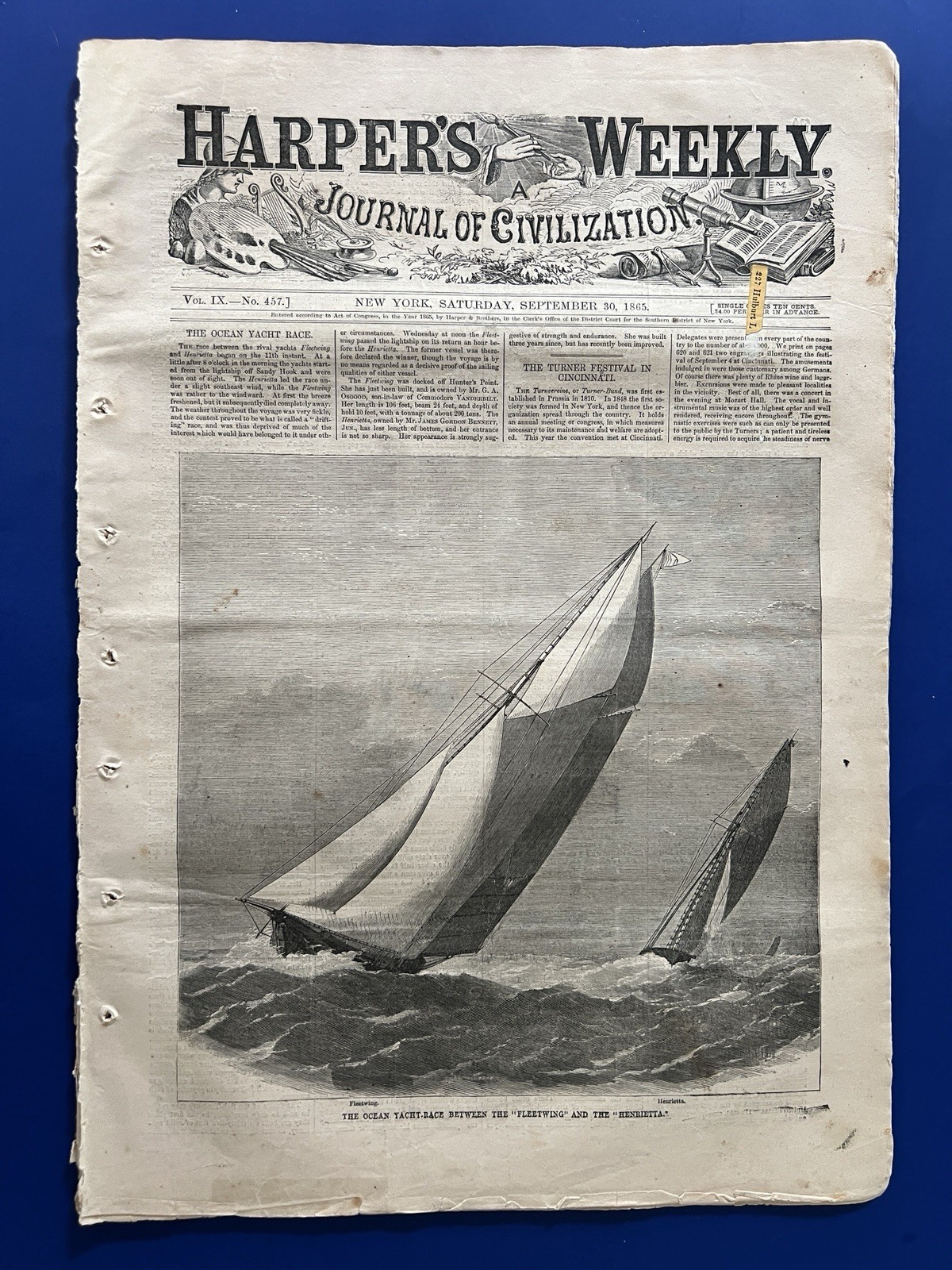 Harper\'s Weekly 9-30-1865 YACHT RACE Darlington, SC Slave Hanging CINCINNATI, OH