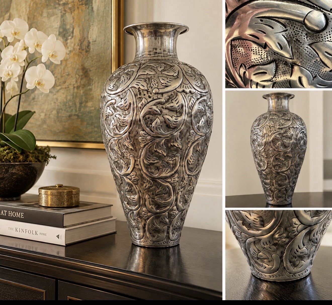 Large 22” Hand Tooled Silver Tone Metal Vase Repoussé Floral Foliate Decor