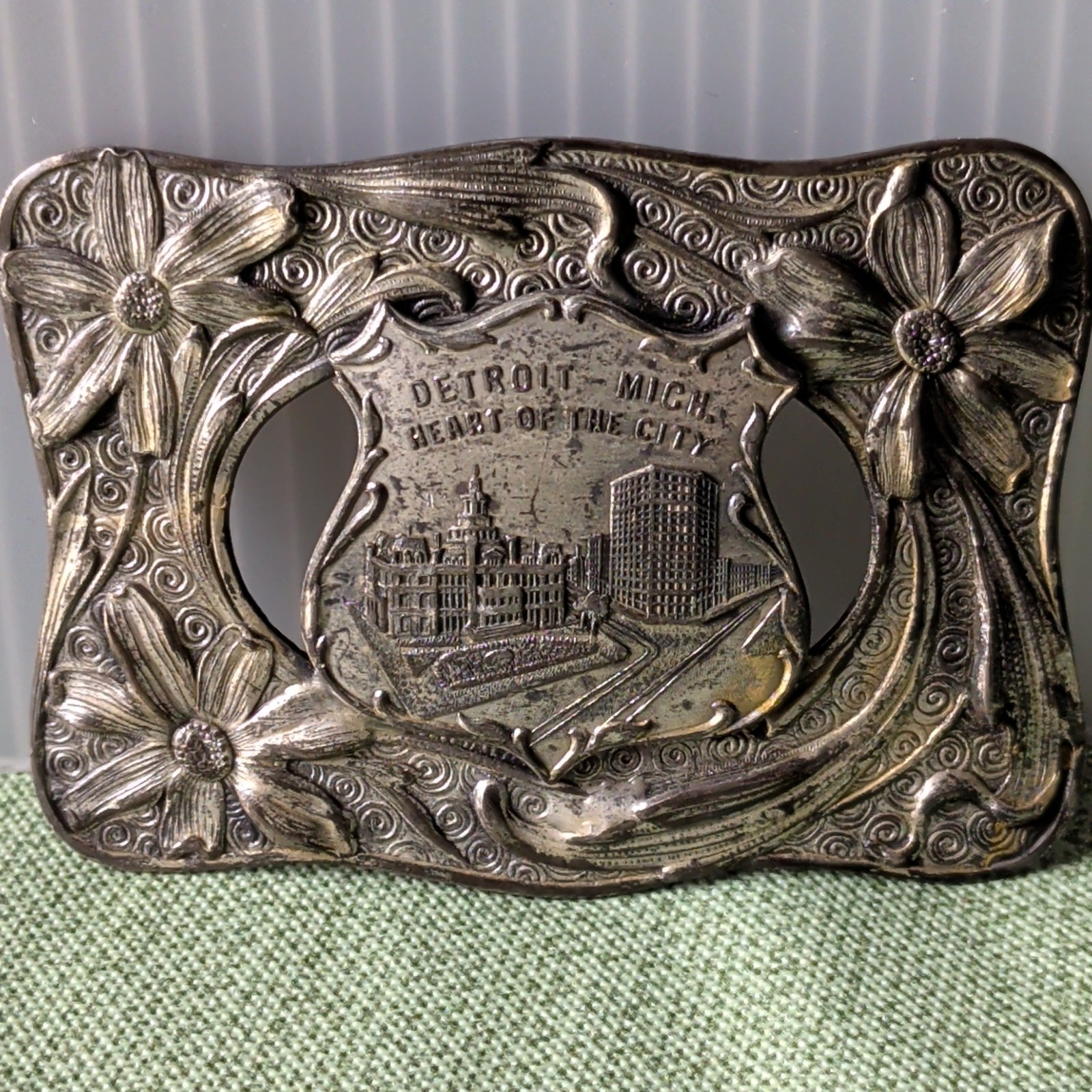 Vintage Detroit Michigan Watch Fob Heart of the City Art Nouveau Souvenir Sash